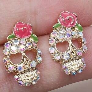 2/30$ Or 3/$35 Rose & Gold Skull Punk Whimsigoth Rhinestone Stud Earrings (#302)